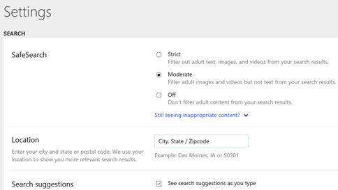 Bing SafeSearch settings with Strict Moderate and Off options