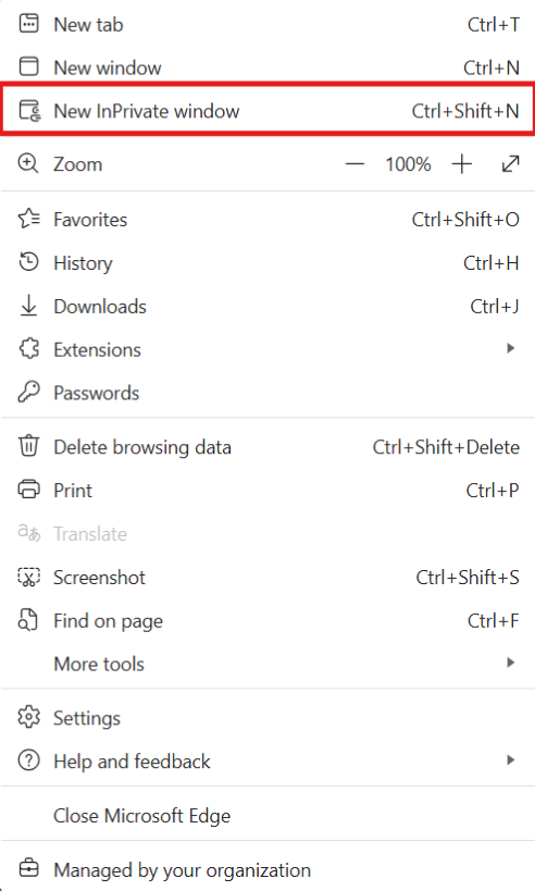 Screenshot of Edge to open InPrivate window.