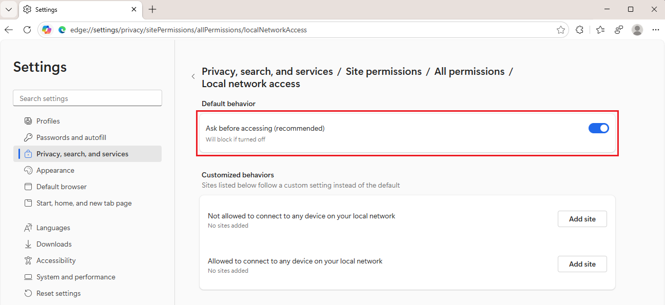 screenshot of local-network-access toggle