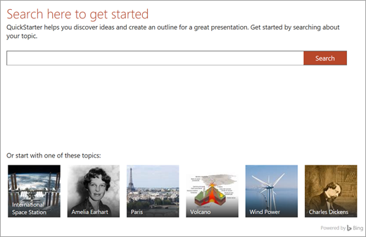 PowerPoint QuickStarter search screen with suggested topics