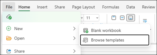 Browse for templates for Excel for the web