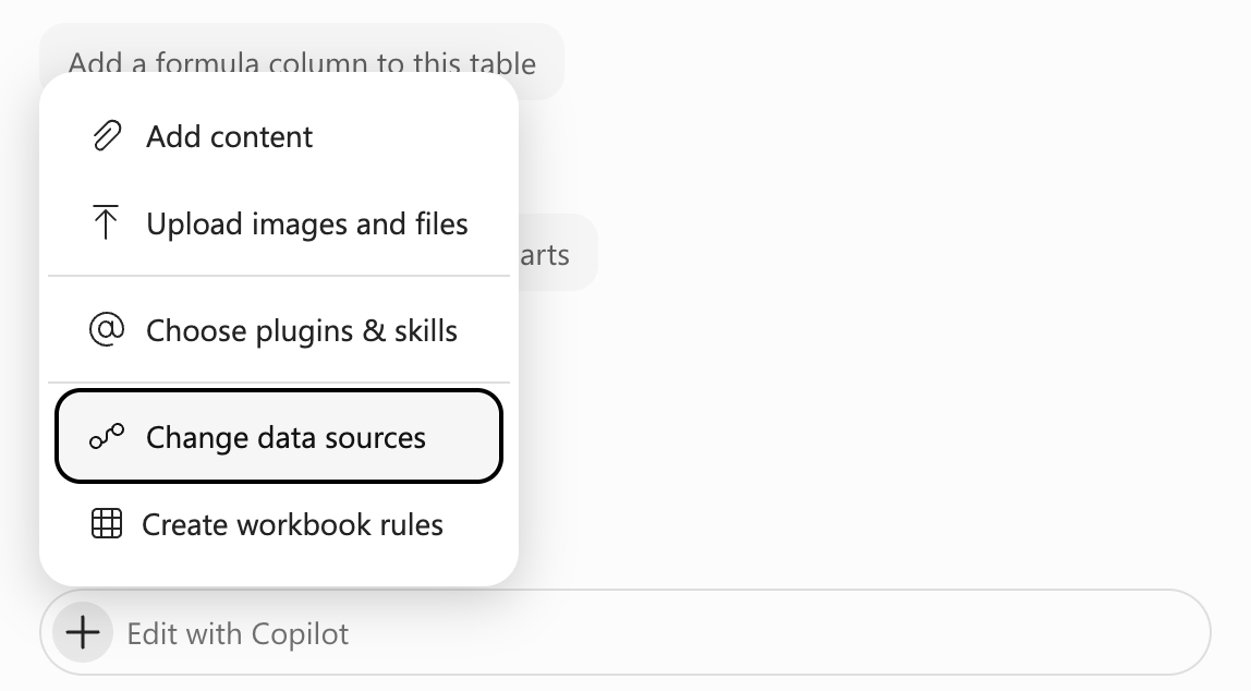 Screenshot of the Copilot in Excel prompt field with 'Change data sources' highlighted.