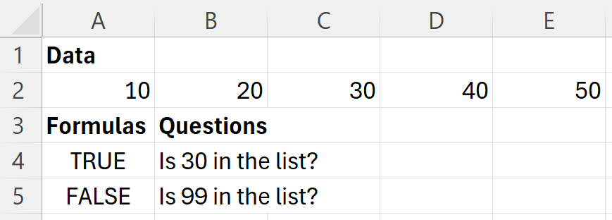 HAS returns TRUE for 30 and FALSE for 99 when searching a range containing 10, 20, 30, 40, and 50