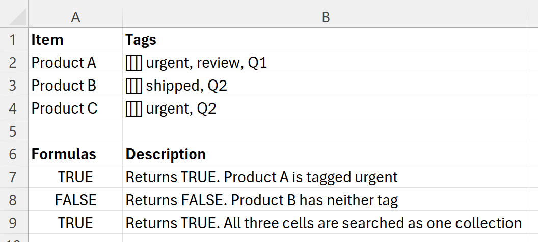 Using HASANY to check whether a cell containing a nested array of tags includes any of the chosen tags