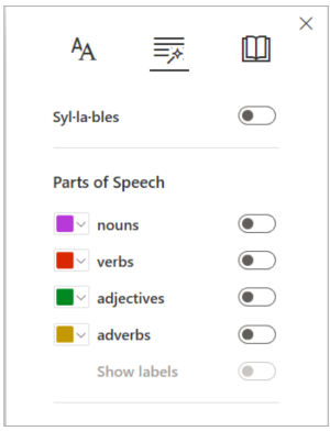 Immersive Reader grammar options for syllables and parts of speech