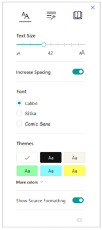 Immersive Reader text preferences for size, spacing, font, and theme