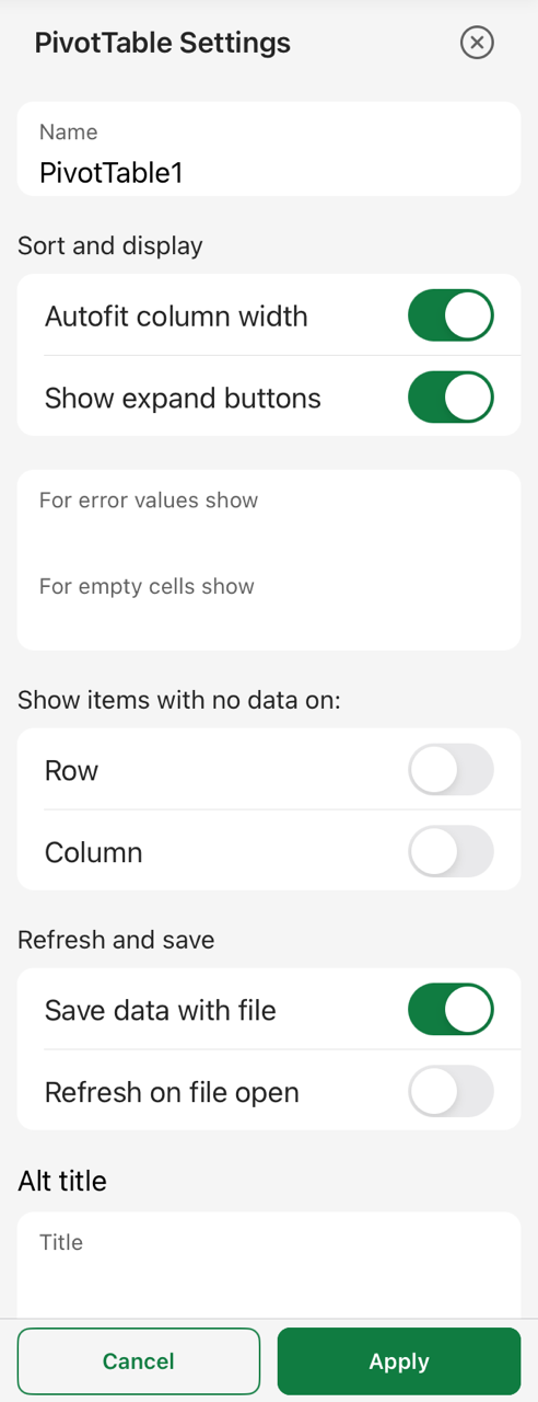 PivotTable settings pane on iPad