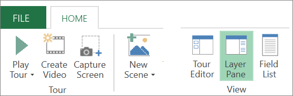 Screenshot that shows Layer Pane button on the Power Map Home tab.