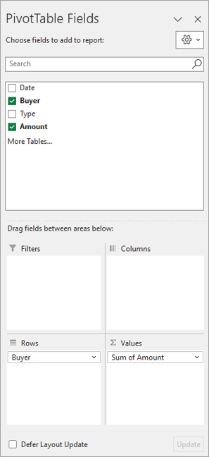 PivotTable Fields pane in Excel for Windows