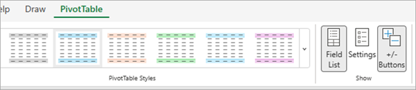 PivotTable tab with the Field List button in Excel for the web