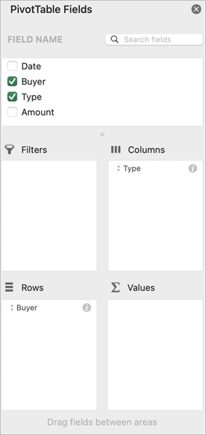 PivotTable Fields pane in Excel for Mac