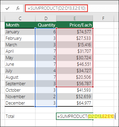 Screenshot that shows the SUMPRODUCT formula that causes an error is =SUMPRODUCT(D2:D13,E2:E10) - E10 needs to b changed to E13 in order to match the first range.