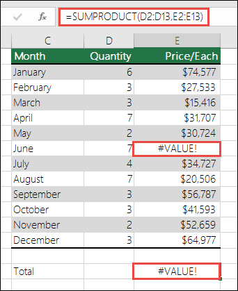 Screenshot that shows the formula in cell E15 shows a #VALUE! errror because there is a #VALUE! error in column E.