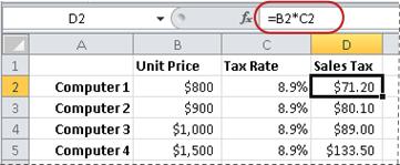 Excel formula calculating 8.9% sales tax