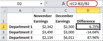 Excel formula calculating percentage change in monthly earnings