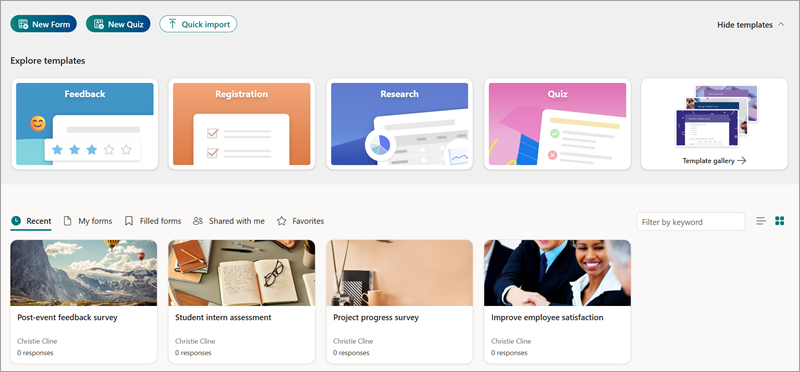 Screenshot showing the Microsoft Froms home page with templates and sample surveys.