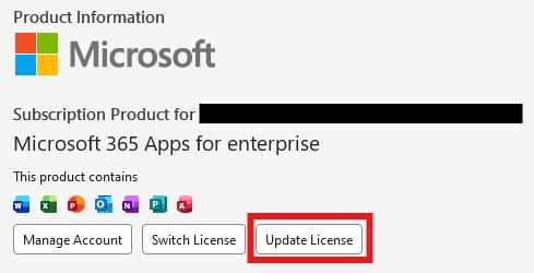 Update Bottan Update License button in Microsoft 365 apps | Microsoft Support