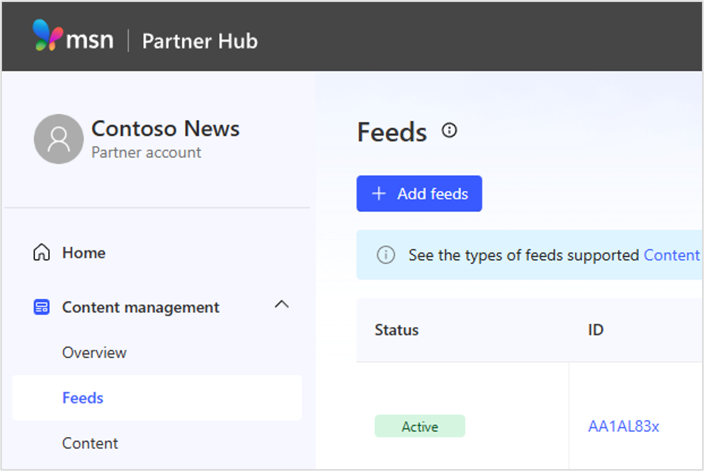 Add new MSN feed in MSN Partner Hub