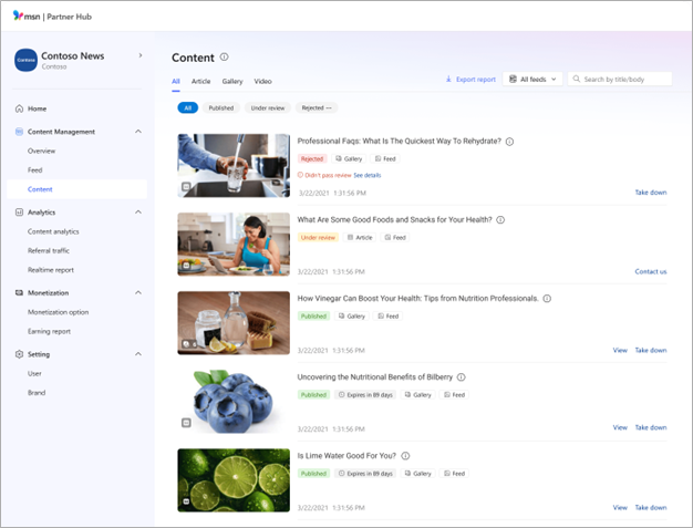 View of the content dashboard and a list of articles with different publishing statuses.
