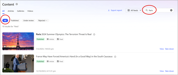 View of how to filter and search your content in MSN Partner Hub