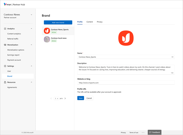 MSN brand profile tab fields.