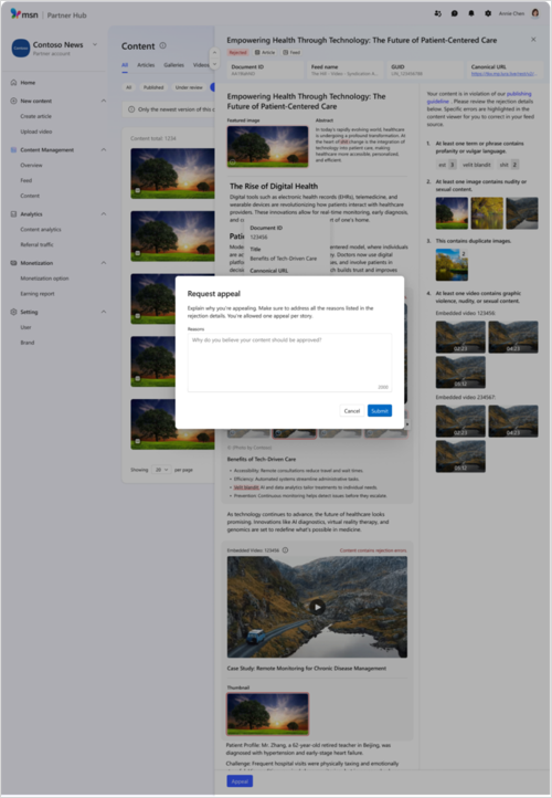 MSN Partner Hub content appeal process