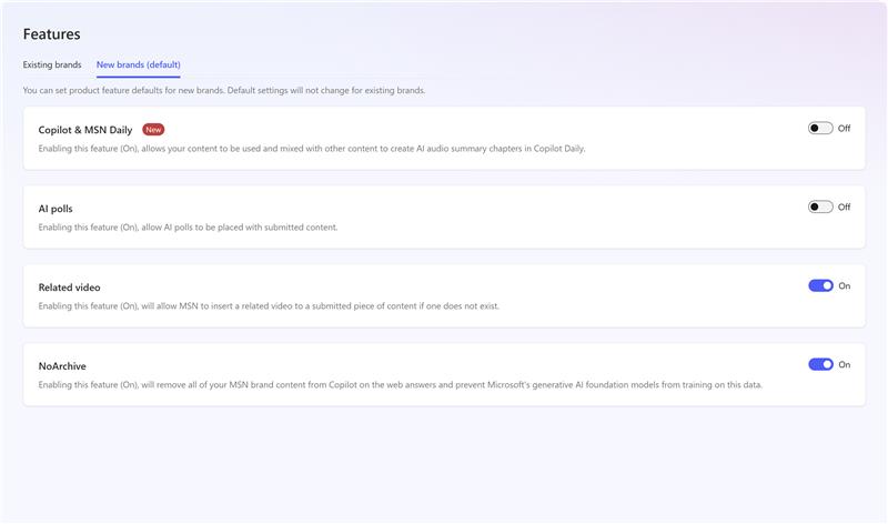 MSN Partner Hub content feature settings.