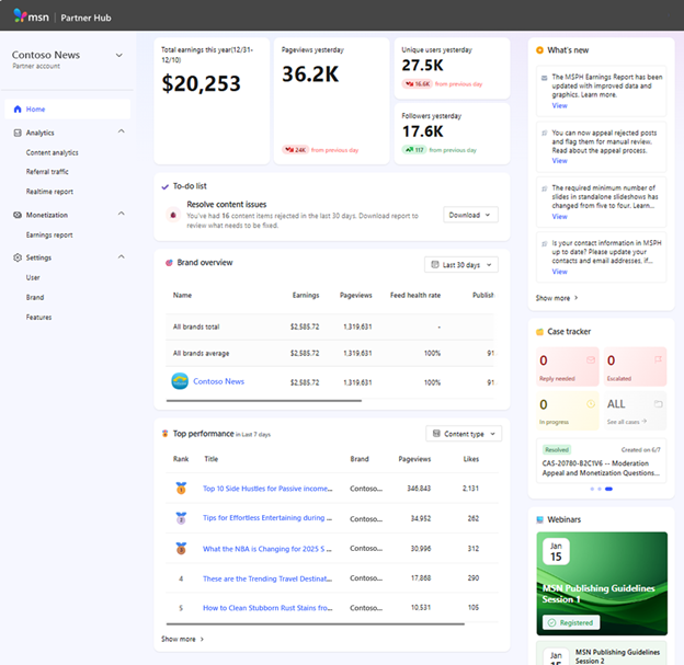 MSN Partner Hub dashboard