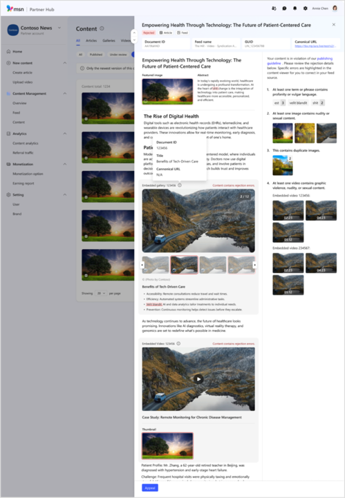 MSN Partner Hub visual content diagnostics tool dashboard
