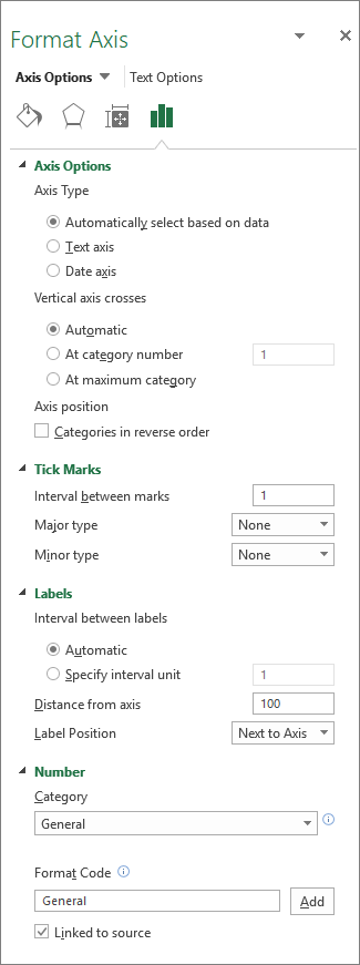 Format Axis pane with tick mark and label settings