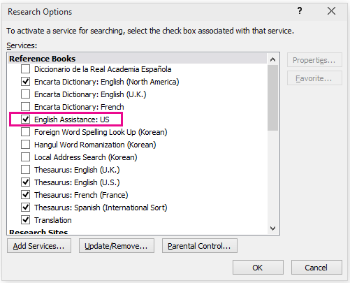 Research Options dialog with English Assistance selected