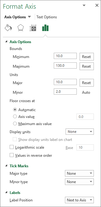 Format Axis pane with bounds, units, and label settings