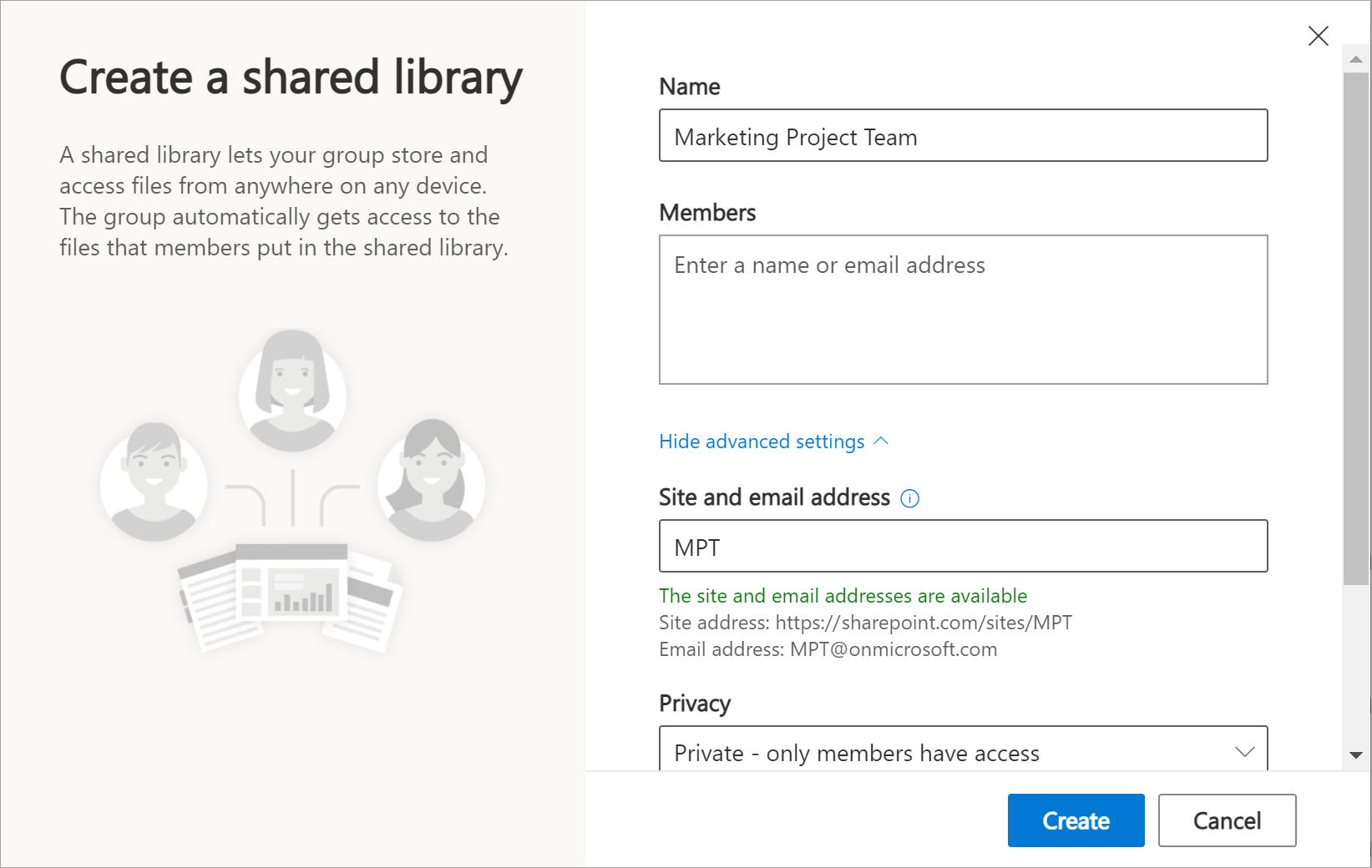 Shows the Create a shared library page, with options to scroll through on the right.