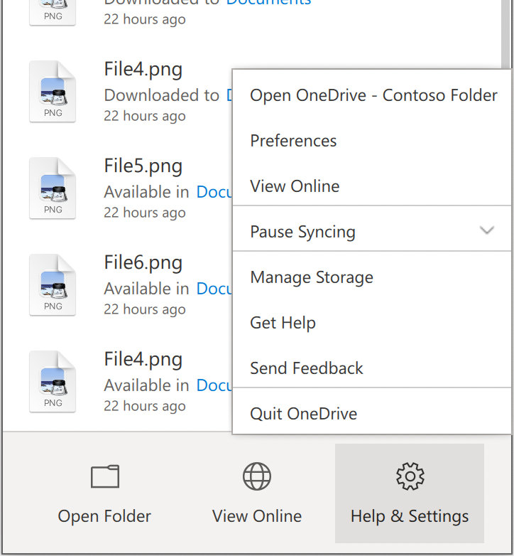 Shows the OneDrive Help & Settings menu, with Preferences near the top.