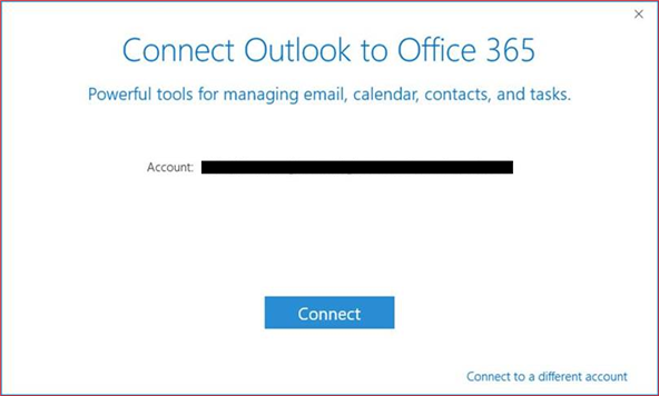 Connect Outlook to Office 365 dialog with an account and Connect button.