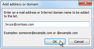 Screenshot displaying the Add address or domain field to Blocked Senders list.