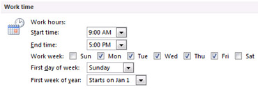 Work time section in Outlook Options dialog box