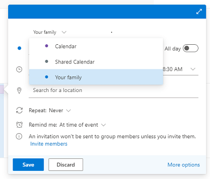 Screenshot of an event dialog with the selected options including the Calendar list and Your Family.