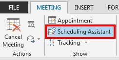 The Scheduling Assistant option is on the Meeting tab.