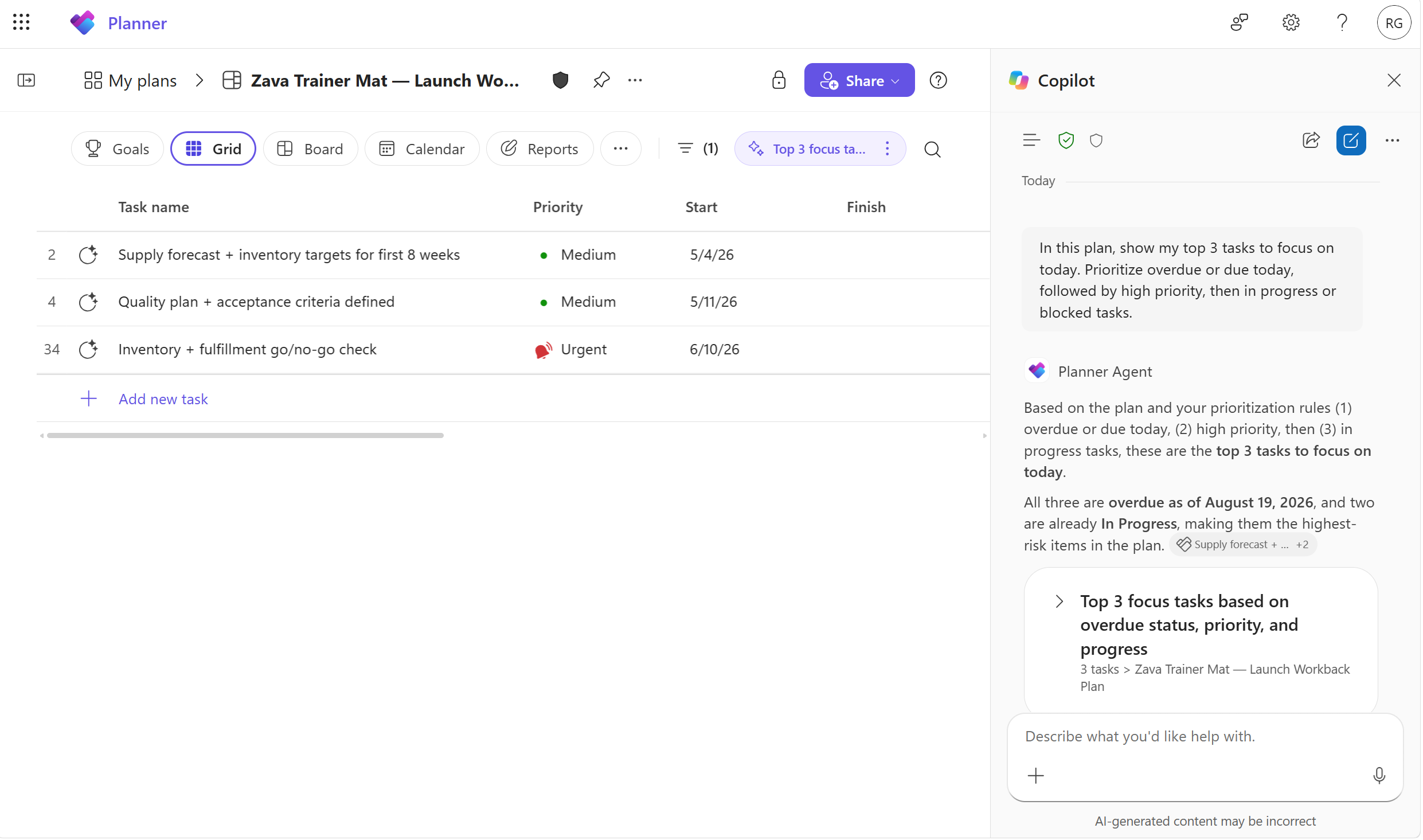Screenshot of a filtered task list in Planner agent highlighting the three highest priority tasks and the active AI filter pill.
