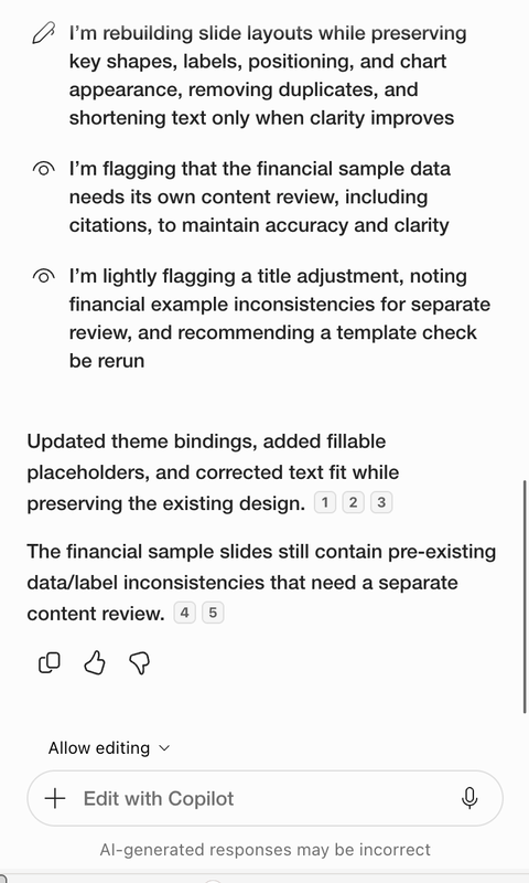Screenshot of Copilot's summary of the template fixes it made.