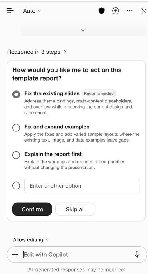 Screenshot of Copilot asking how to act on the template report, with Fix the existing slides selected.