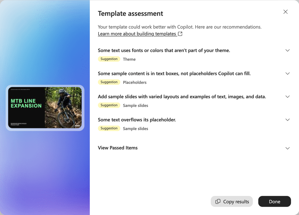 Screenshot of Template assessment results with the Copy results button.