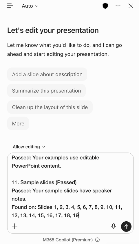 Screenshot of the Copilot pane in PowerPoint with the copied assessment results pasted into the prompt box.