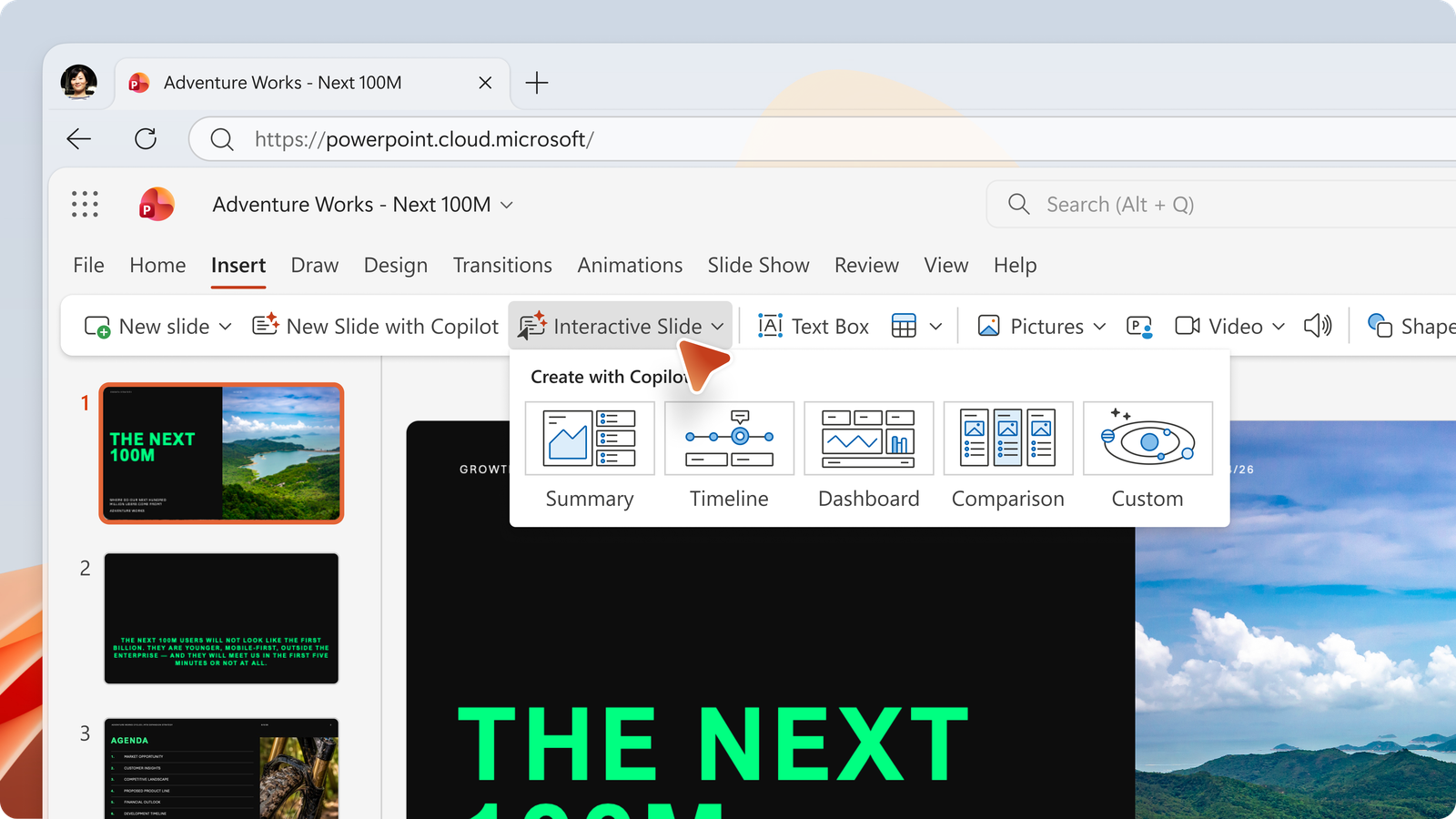 Screenshot showing the Interactive Slide button on the PowerPoint Insert ribbon, with the Create with Copilot gallery open to the Summary, Timeline, Dashboard, Comparison, and Custom categories.