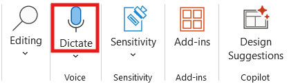 Screenshot of Dictate button in Voice section of the Home ribbon tab.