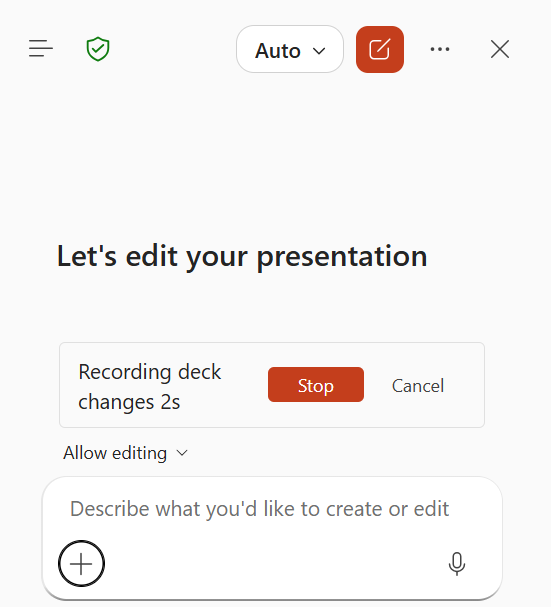 Screenshot that shows skill recording in progress in Copilot in PowerPoint.
