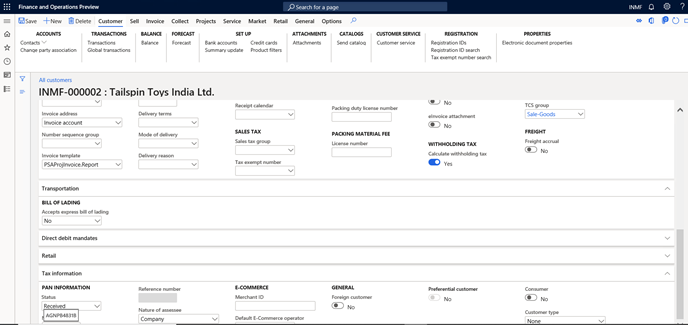 Screenshot showing Accounts Receivable>Customers > All customers