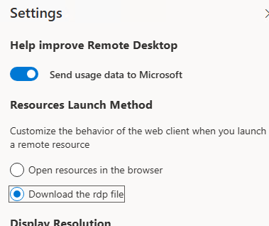 Screenshot of the Settings pane in the Remote Desktop web client with the Download the rdp file option selected.