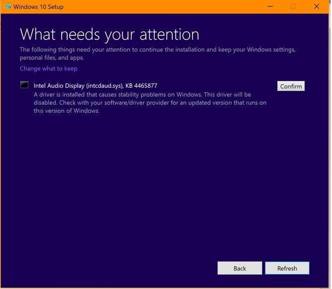 What needs your attention -- Intel Audio Display (intcdaud.sys), KB 4465877